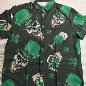 Casual Green St. Patrick's Skull Print Button-Down Shirt